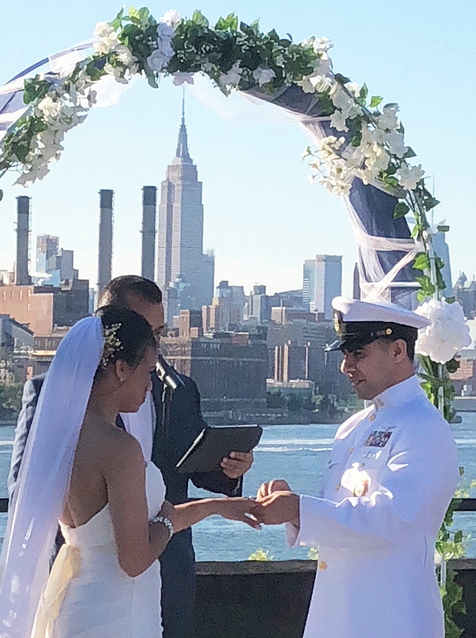 Navy Recruiting Chiefs from the Bronx Marry in front of Manhattan Skyline