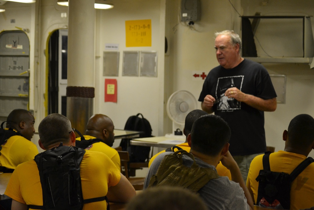 A presentation aboard the USS Wisconsin (BB-64)