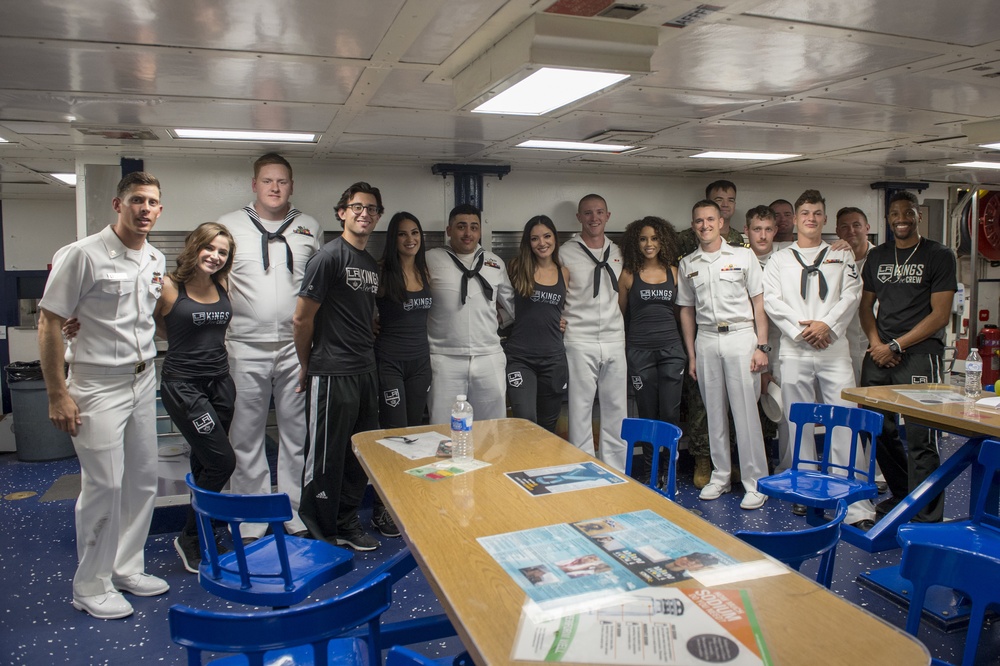 USS Scout Sailors pose for photo with LA Kings spirit squad