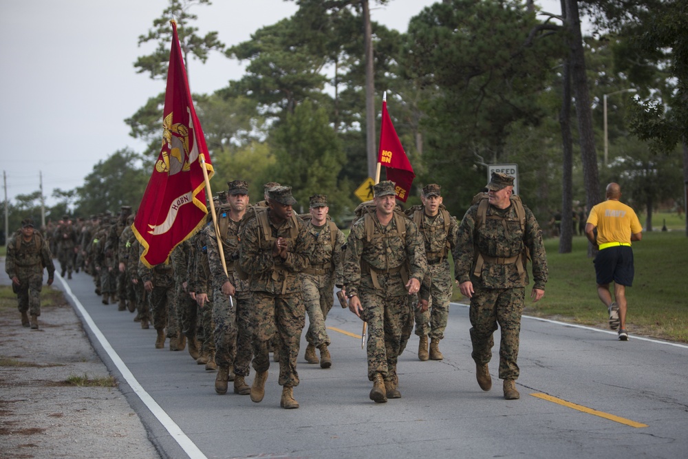 Headquarters Battalion, 2d Marine Division conduct 6-mile hike