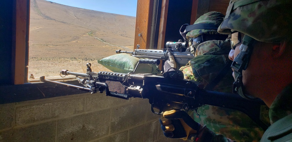 Two military personnel in camouflage uniforms are positioned at a firing range window, aiming weapons downrange toward an arid, hilly landscape. The foreground soldier is operating what appears to be a light machine gun, while the second soldier behind uses a rifle equipped with an optical scope. The setting appears to be a structured shooting position or firing bay at a military training range.