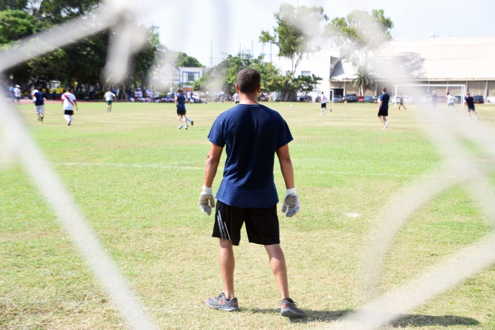 Coast Guard Cutter Tahoma crewmembers play morale soccer during UNITAS 2018