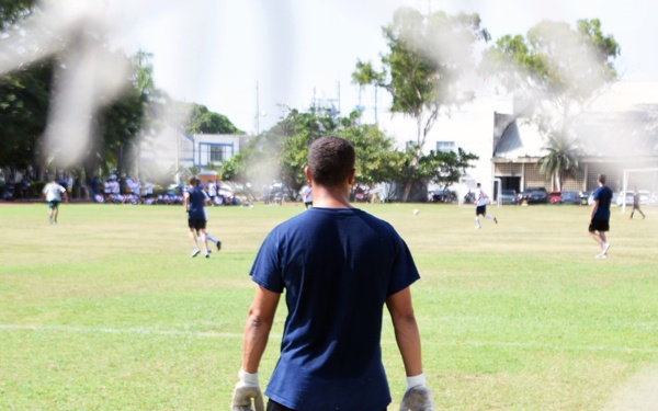 Coast Guard Cutter Tahoma crewmembers play morale soccer during UNITAS 2018