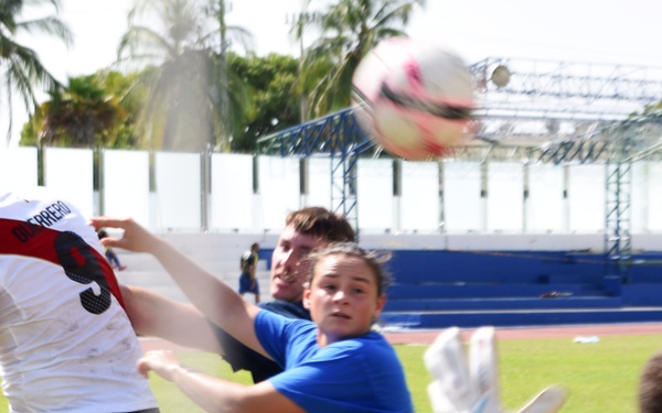 Coast Guard Cutter Tahoma crewmembers participate in a morale soccer match during UNITAS 2018