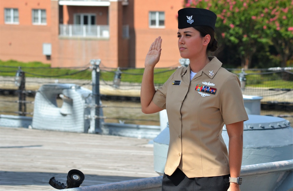 Naval Museum hosts a re-enlistment ceremony aboard the USS Wisconsin (BB-64)