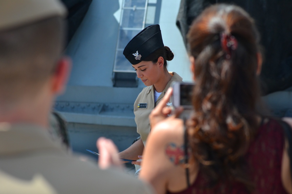 Naval Museum hosts a re-enlistment ceremony aboard the USS Wisconsin (BB-64)