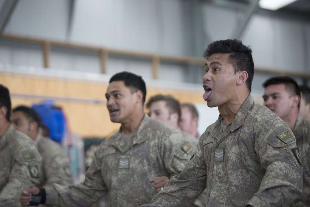 New Zealand soldiers welcome Marines with Haka