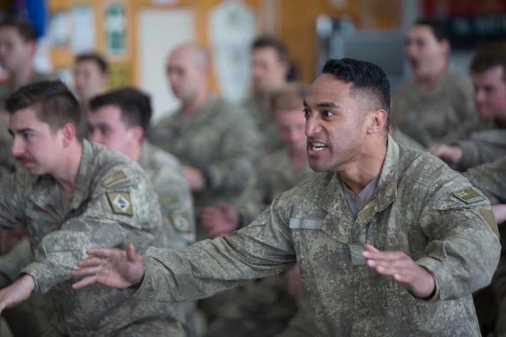 New Zealand soldiers welcome Marines with Haka