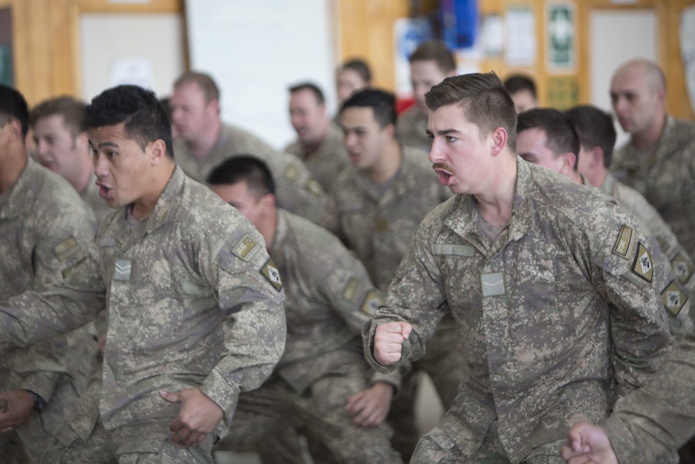 New Zealand soldiers welcome Marines with Haka