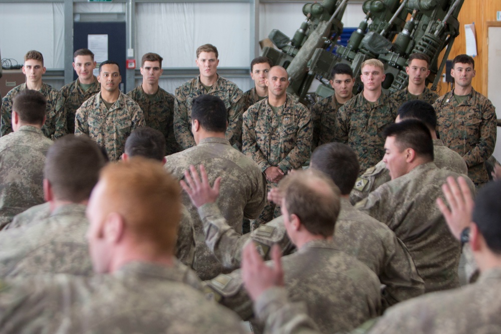 New Zealand soldiers welcome Marines with Haka