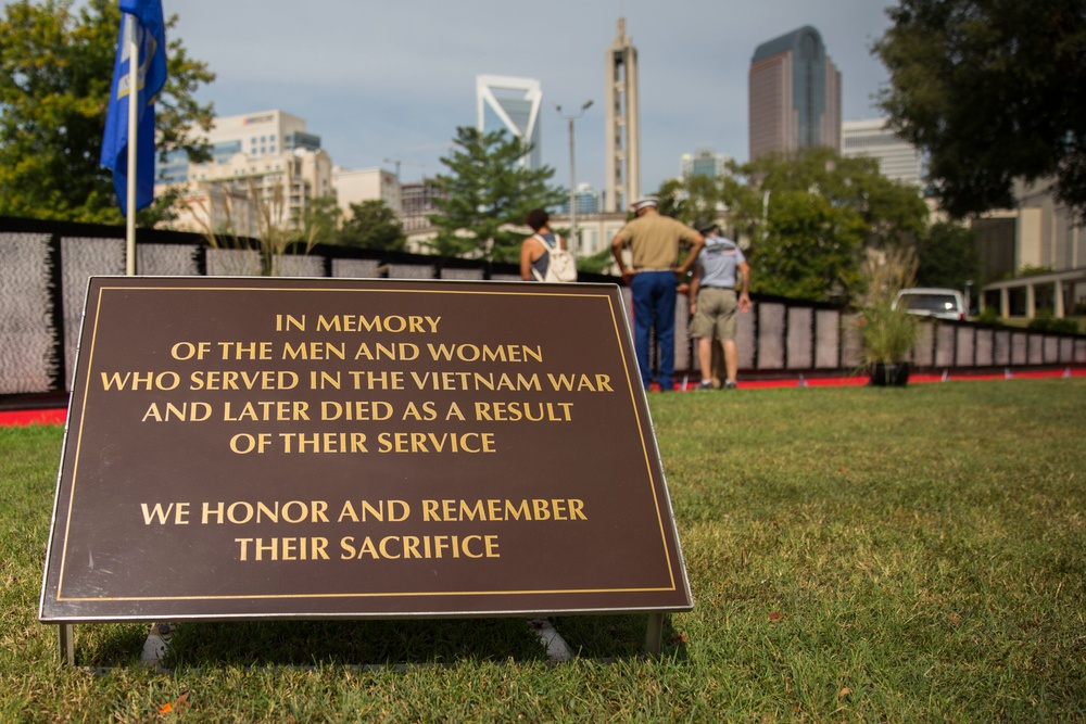 Retired U.S. Marine Corps Sgt. Maj. John Canley visits the Traveling Vietnam Memorial Wall