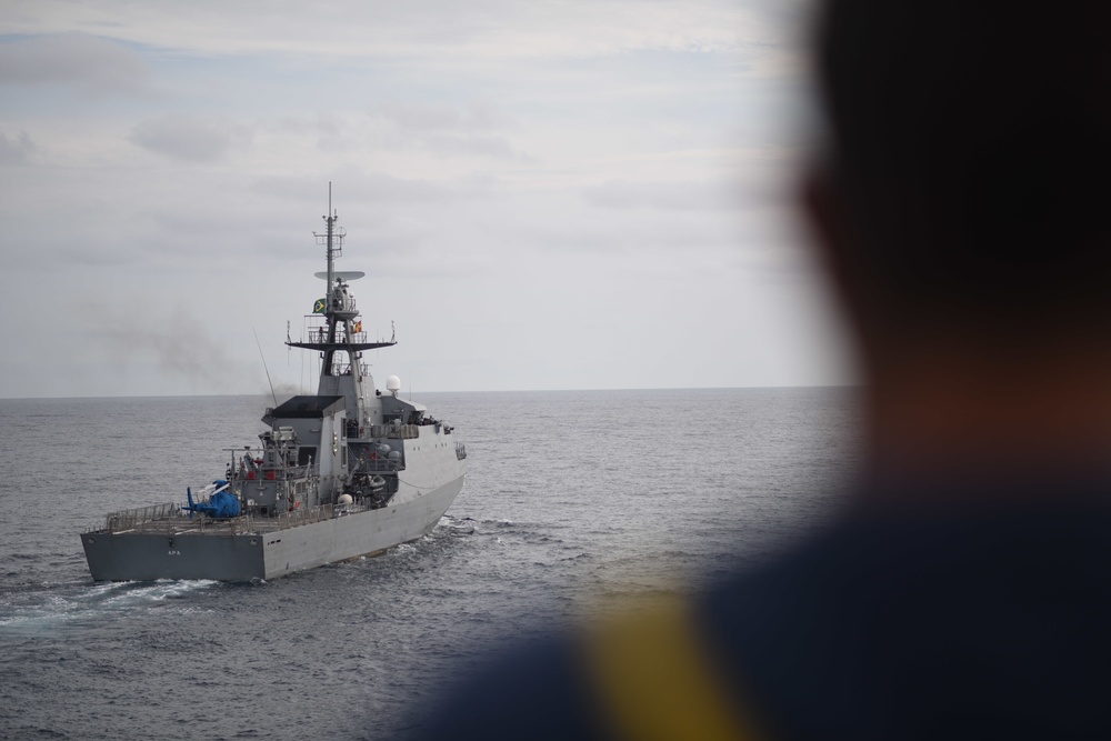 The Coast Guard Cutter Tahoma sails beside a Latin American Naval ship during UNITAS 2018