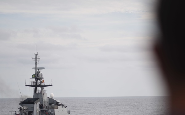 The Coast Guard Cutter Tahoma sails beside a Latin American Naval ship during UNITAS 2018
