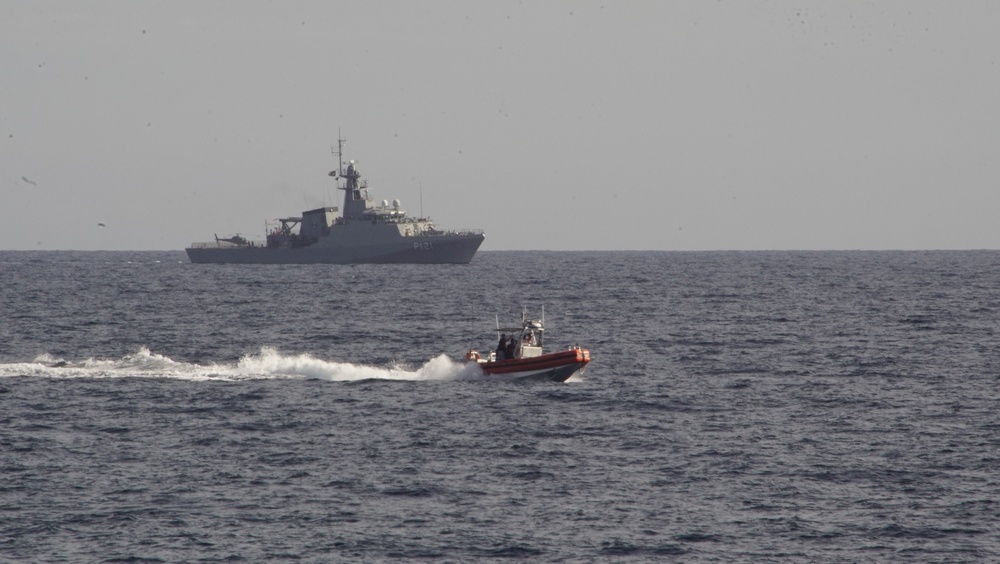 A Coast Guard Cutter Tahoma small boat conducts exercises during UNITAS 2018