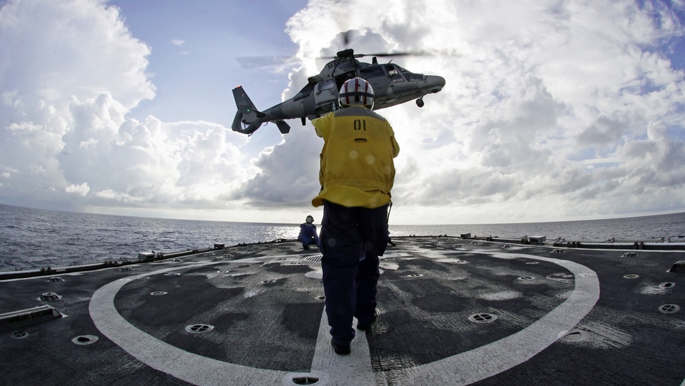 Petty Officer 1st Class Darla George conducts flight operations on the Coast Guard Cutter Tahoma during UNITAS 2018