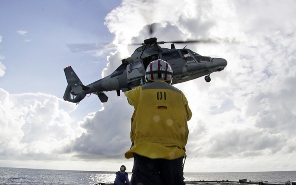 Petty Officer 1st Class Darla George conducts flight operations on the Coast Guard Cutter Tahoma during UNITAS 2018