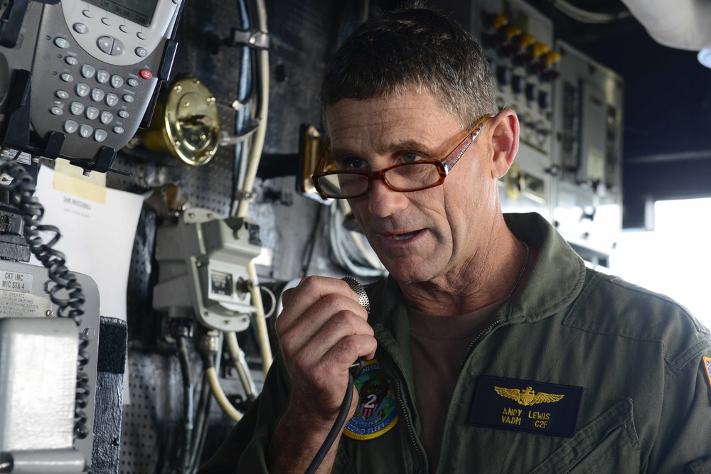 Adm. Andrew Lewis, commander of U.S. 2nd Fleet, aboard USS Normandy (CG 60).