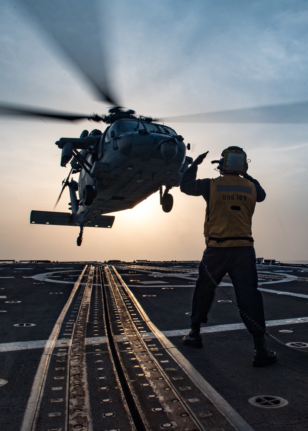USS Jason Dunham (DDG 109) helo ops at sunset