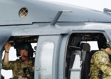 HH-60 helicopters from the 106th Rescue Wing take off in support of Hurricane Florence