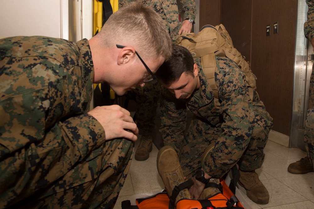 Marines practice emergency procedures aboard ship