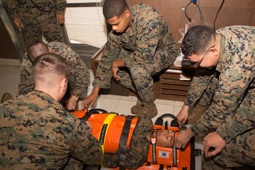 Marines practice emergency procedures aboard ship