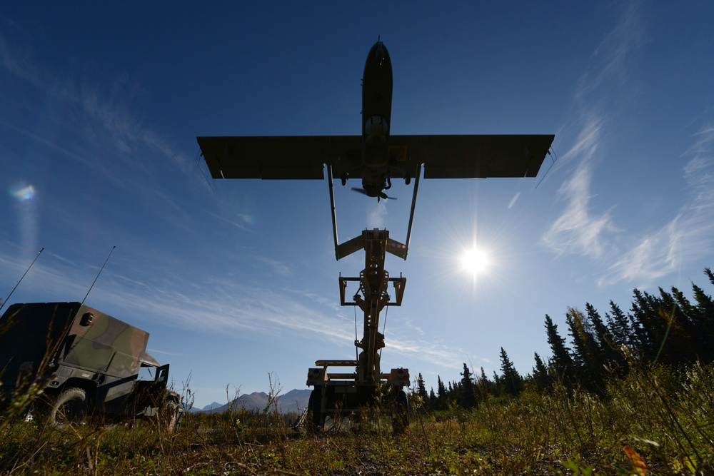 A U.S. Army RQ 7B Shadow 200 unmanned aerial vehicle is launched from a catapult.