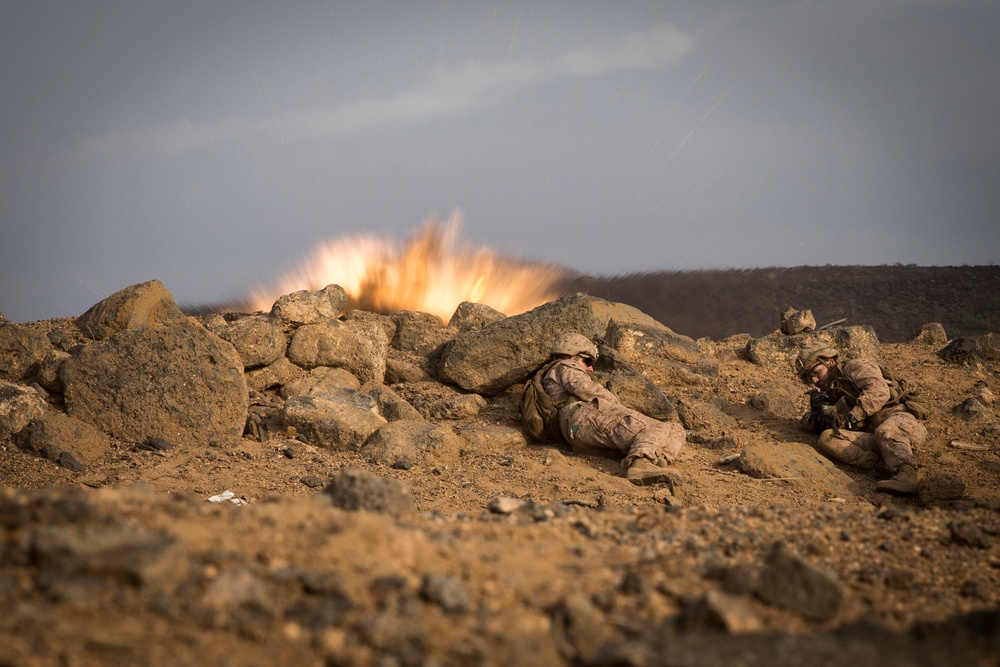 Marines breach through obstacles with bangalores