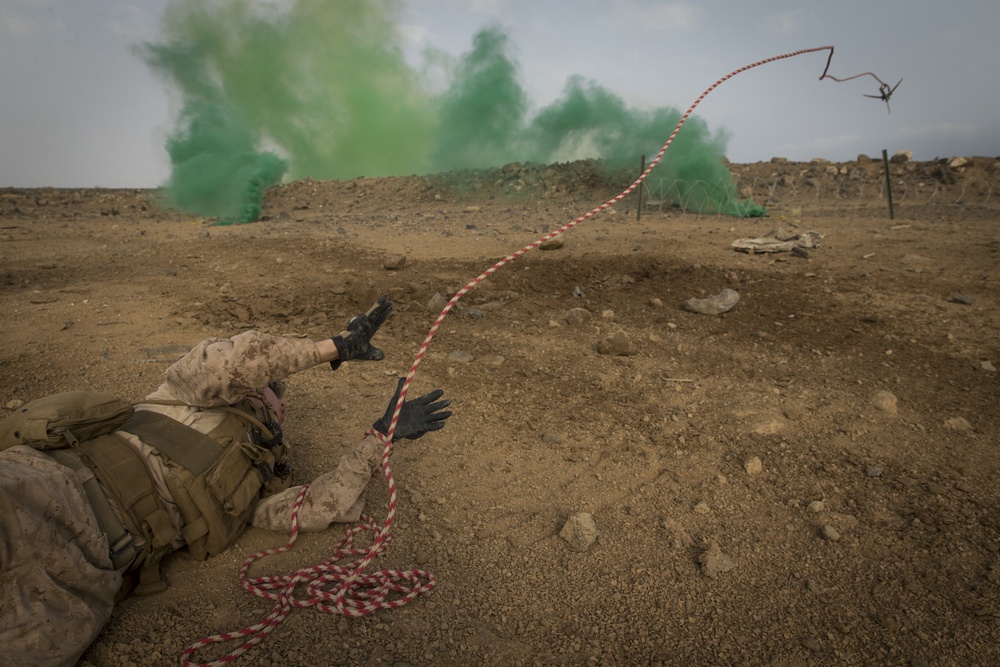 Marines breach through obstacles with bangalores