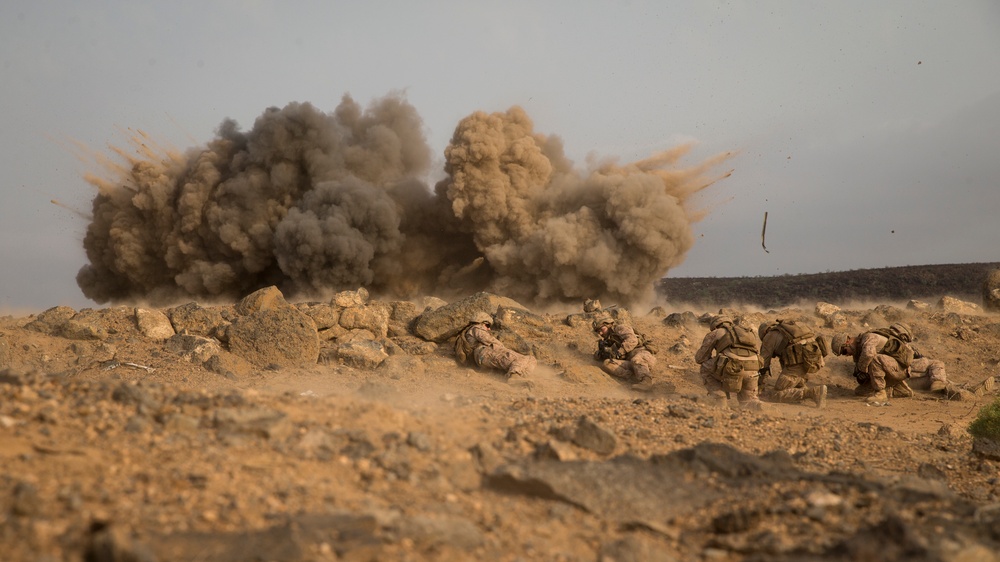 Marines breach through obstacles with bangalores