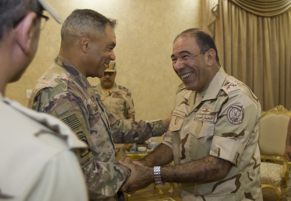 U.S. Army Lt. Gen. Michael X. Garrett visits with members of U.S. and  Egyptian military at Exercise Bright Star 18