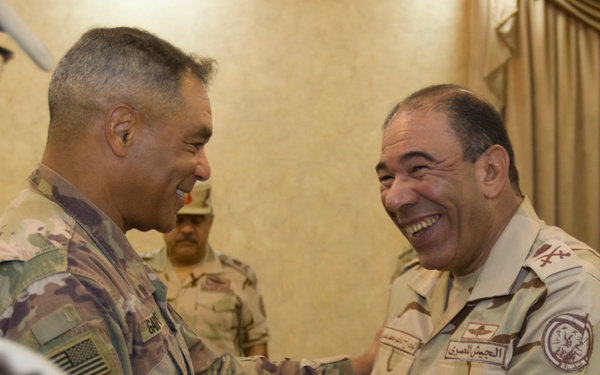 U.S. Army Lt. Gen. Michael X. Garrett visits with members of U.S. and  Egyptian military at Exercise Bright Star 18