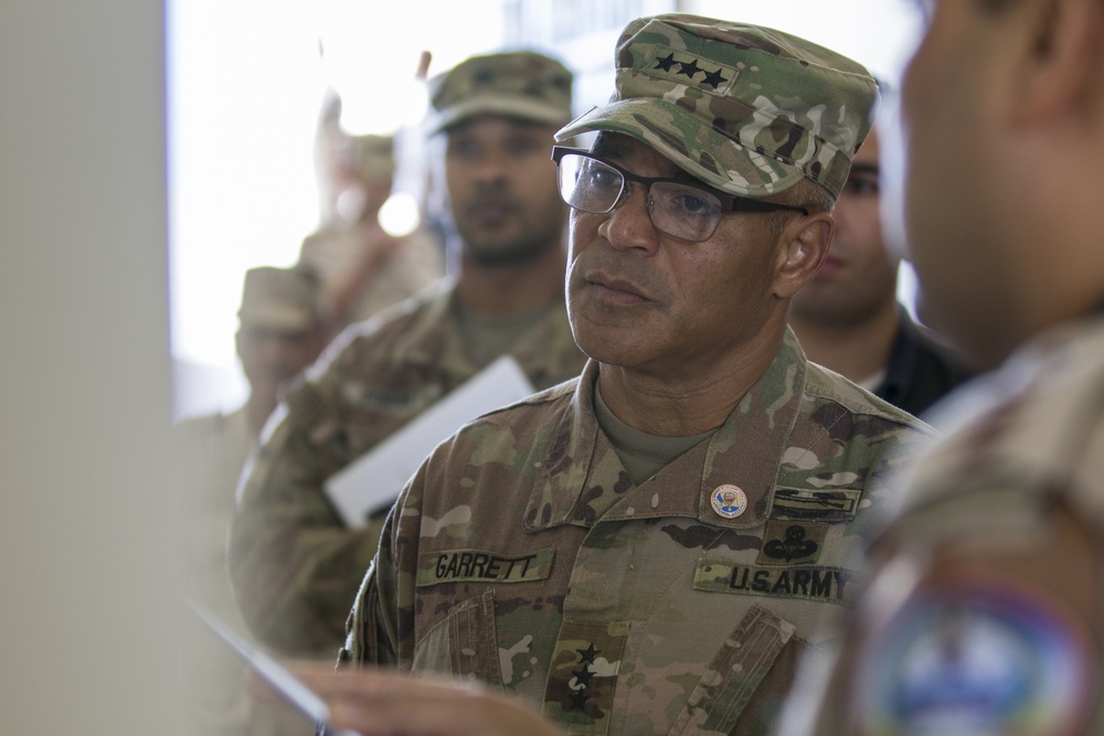 U.S. Army Lt. Gen. Michael X. Garrett visits with members of U.S. and  Egyptian military at Exercise Bright Star 18