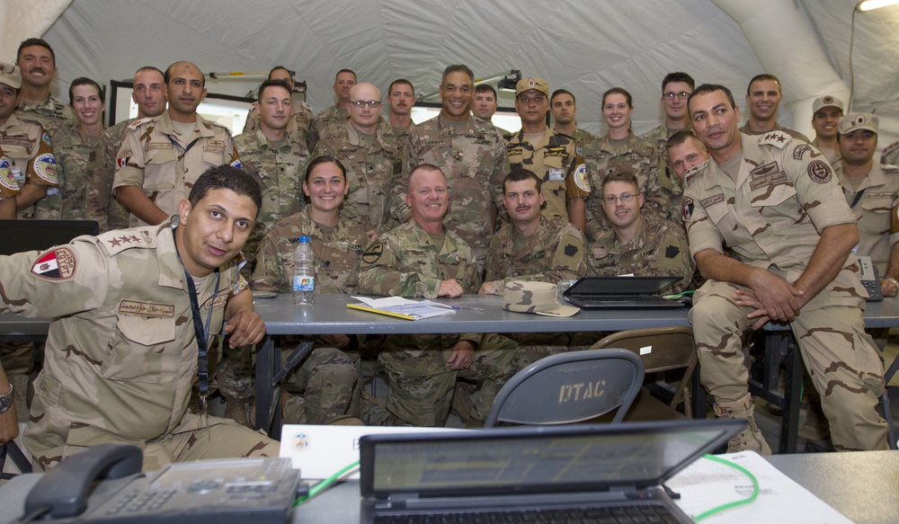 U.S. Army Lt. Gen. Michael X. Garrett visits with members of U.S. and  Egyptian military at Exercise Bright Star 18