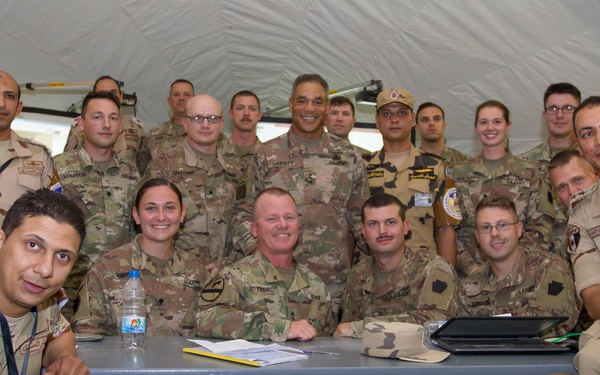 U.S. Army Lt. Gen. Michael X. Garrett visits with members of U.S. and  Egyptian military at Exercise Bright Star 18