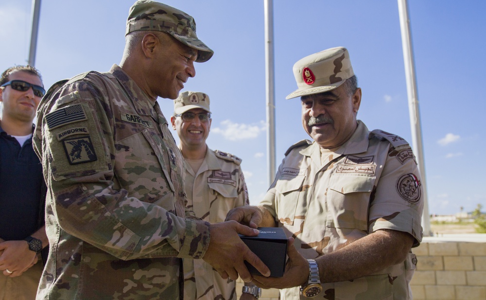 U.S. Army Lt. Gen. Michael X. Garrett visits with members of U.S. and  Egyptian military at Exercise Bright Star 18