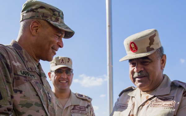 U.S. Army Lt. Gen. Michael X. Garrett visits with members of U.S. and  Egyptian military at Exercise Bright Star 18