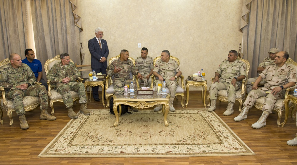 U.S. Army Lt. Gen. Michael X. Garrett visits with members of U.S. and  Egyptian military at Exercise Bright Star 18