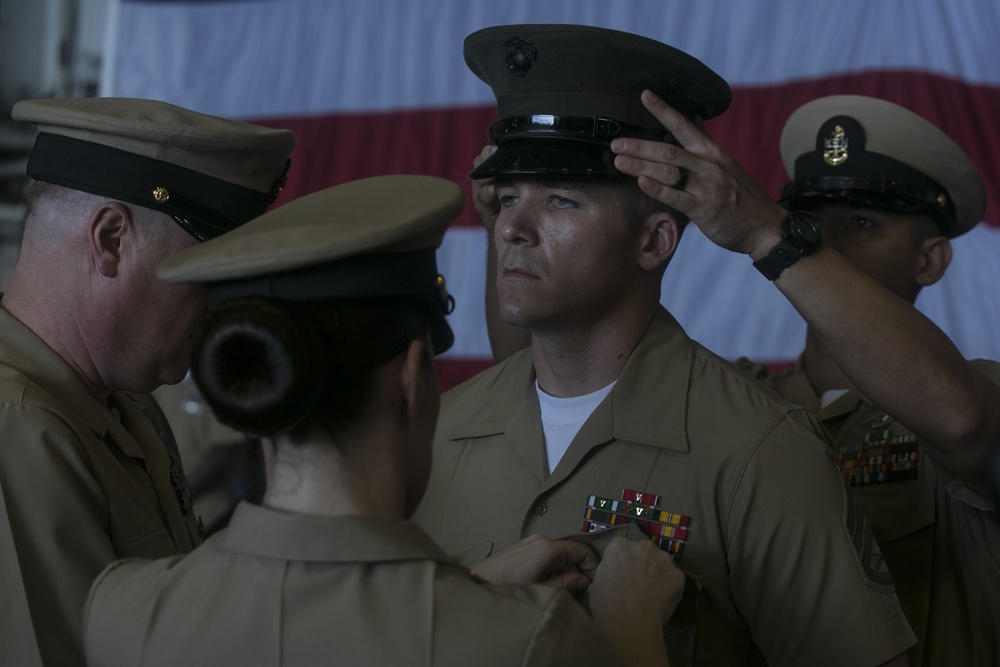 Marines and Sailors aboard the USS Wasp attend a chief pinning ceremony