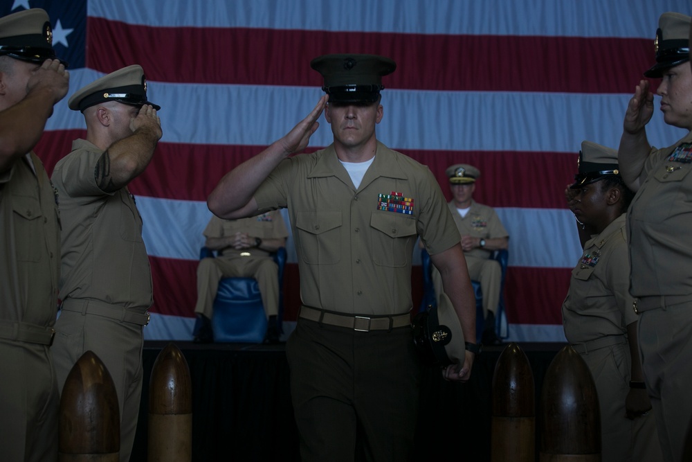 Marines and Sailors aboard the USS Wasp attend a chief pinning ceremony