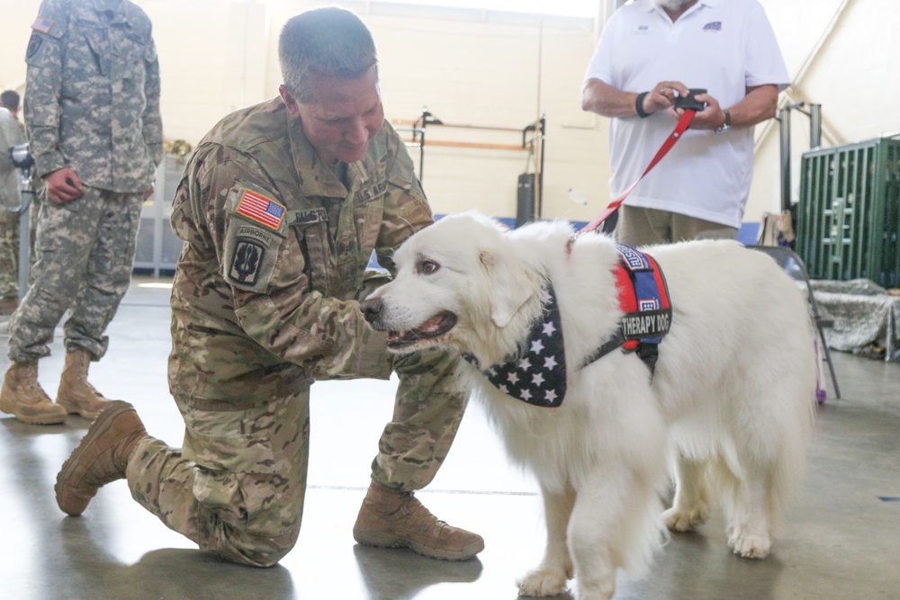 USO therapy dog visits with Soldiers responding to Hurricane Florence