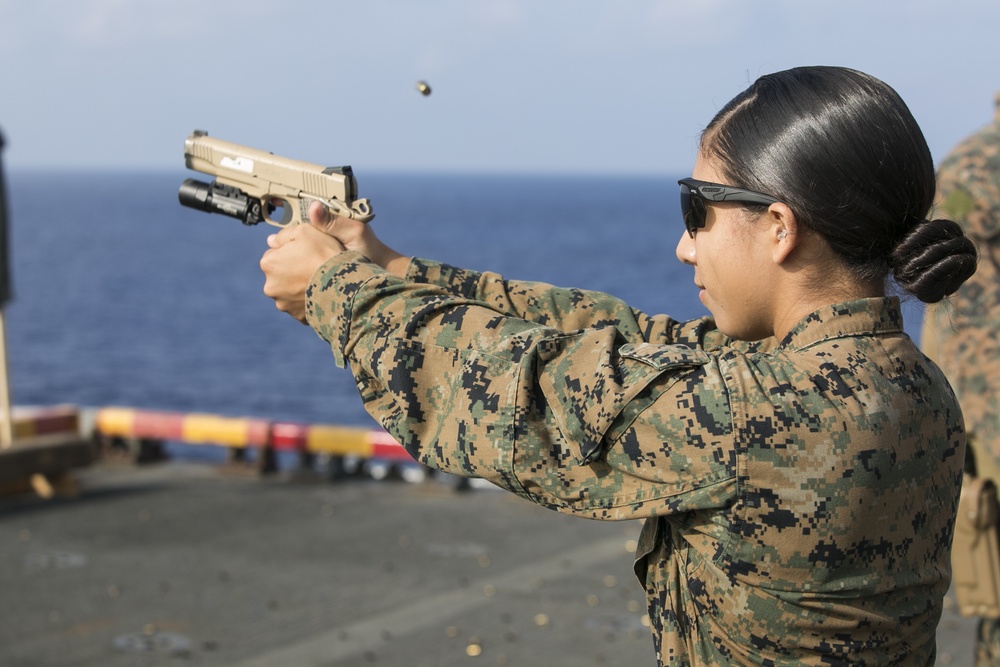31st MEU ARP sharpen pistol marksmanship skills at sea