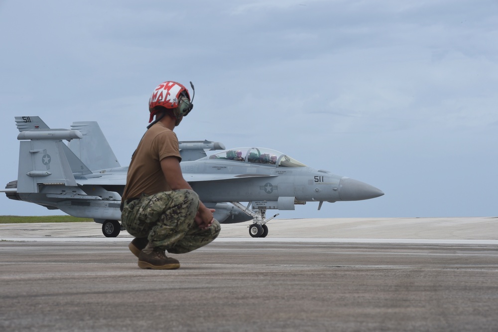 EA-18G Growler taxis in for post flight inspection