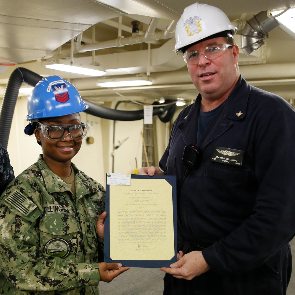 USS Gerald R. Ford (CVN 78) supply department's awards at quarters.