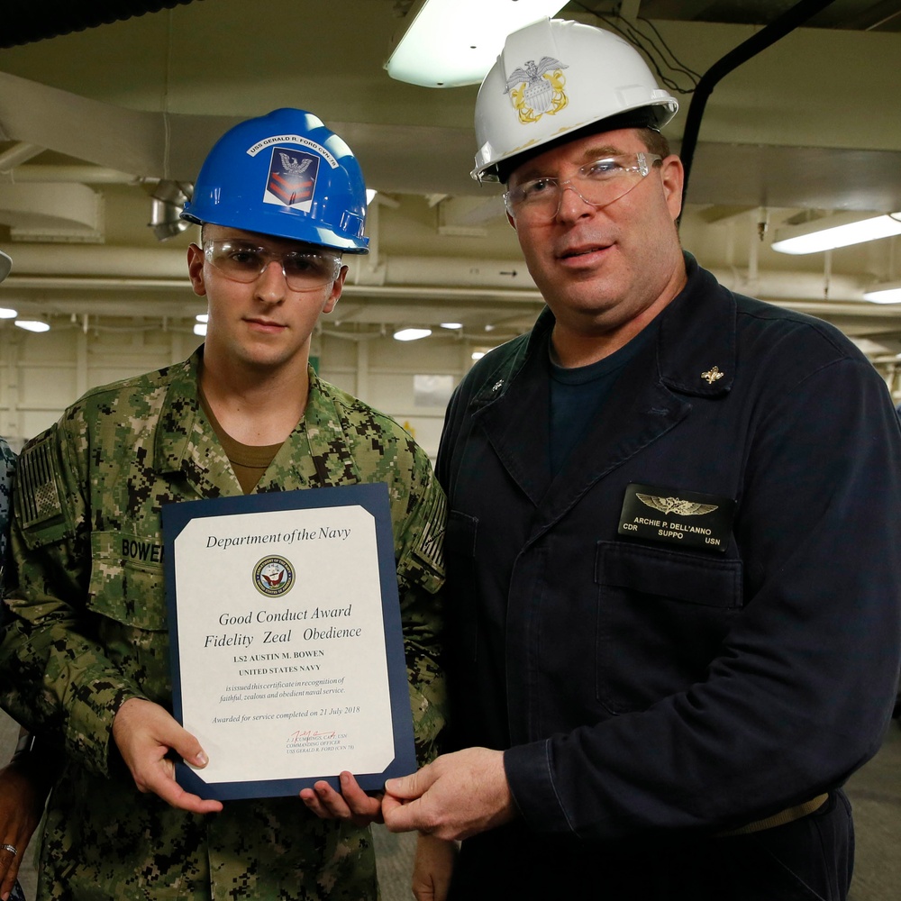 USS Gerald R. Ford (CVN 78) supply department's awards at quarters.