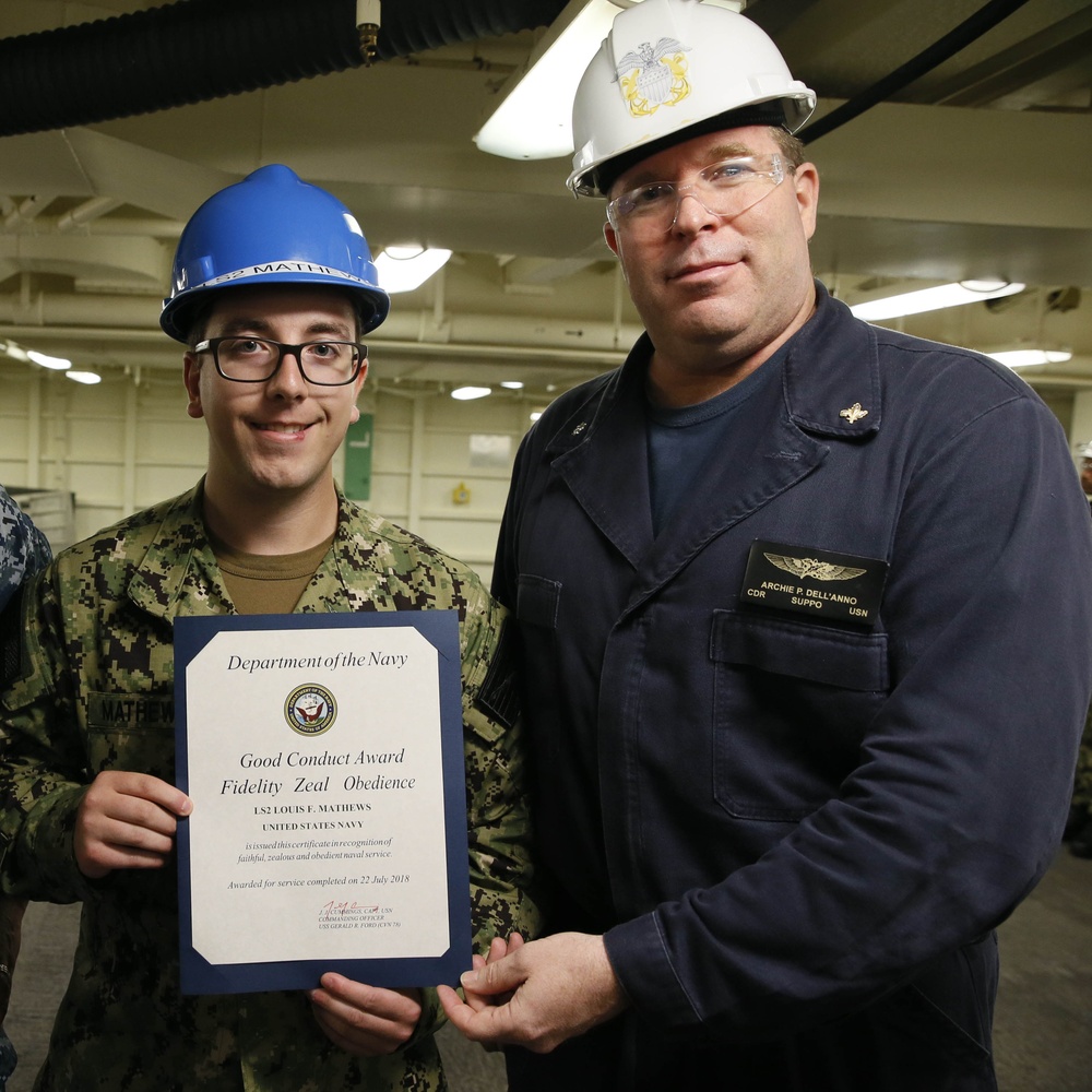 USS Gerald R. Ford (CVN 78) supply department's awards at quarters.