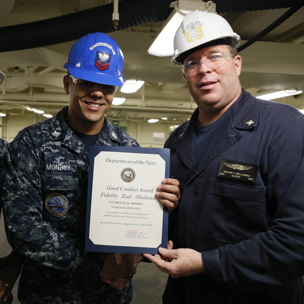 USS Gerald R. Ford (CVN 78) supply department's awards at quarters.