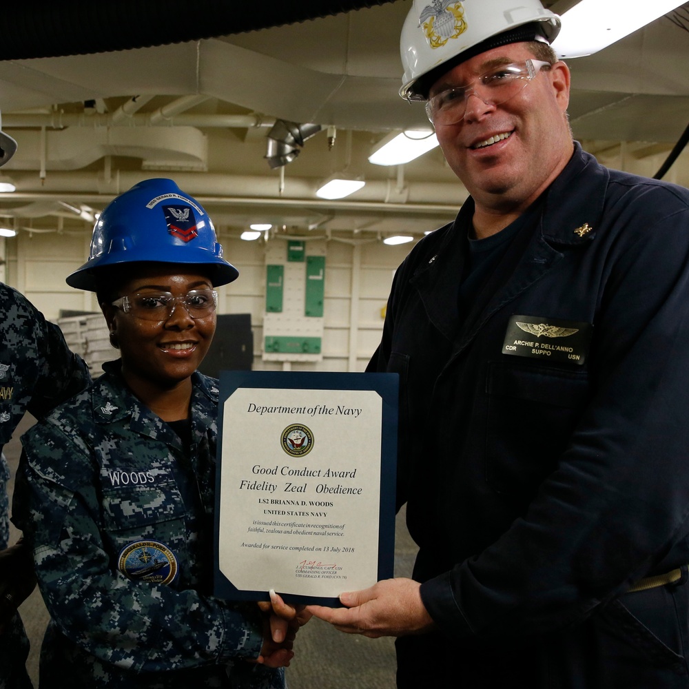 USS Gerald R. Ford (CVN 78) supply department's awards at quarters.