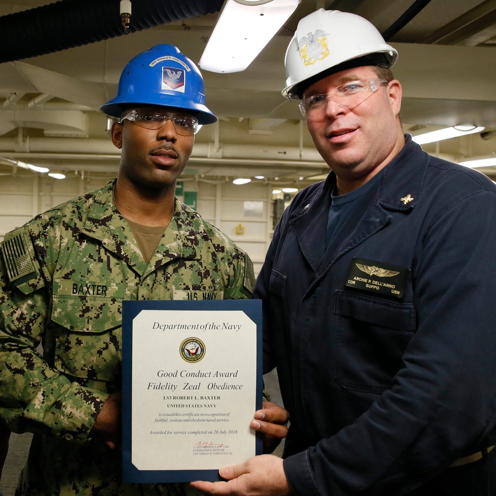 USS Gerald R. Ford (CVN 78) supply department's awards at quarters.