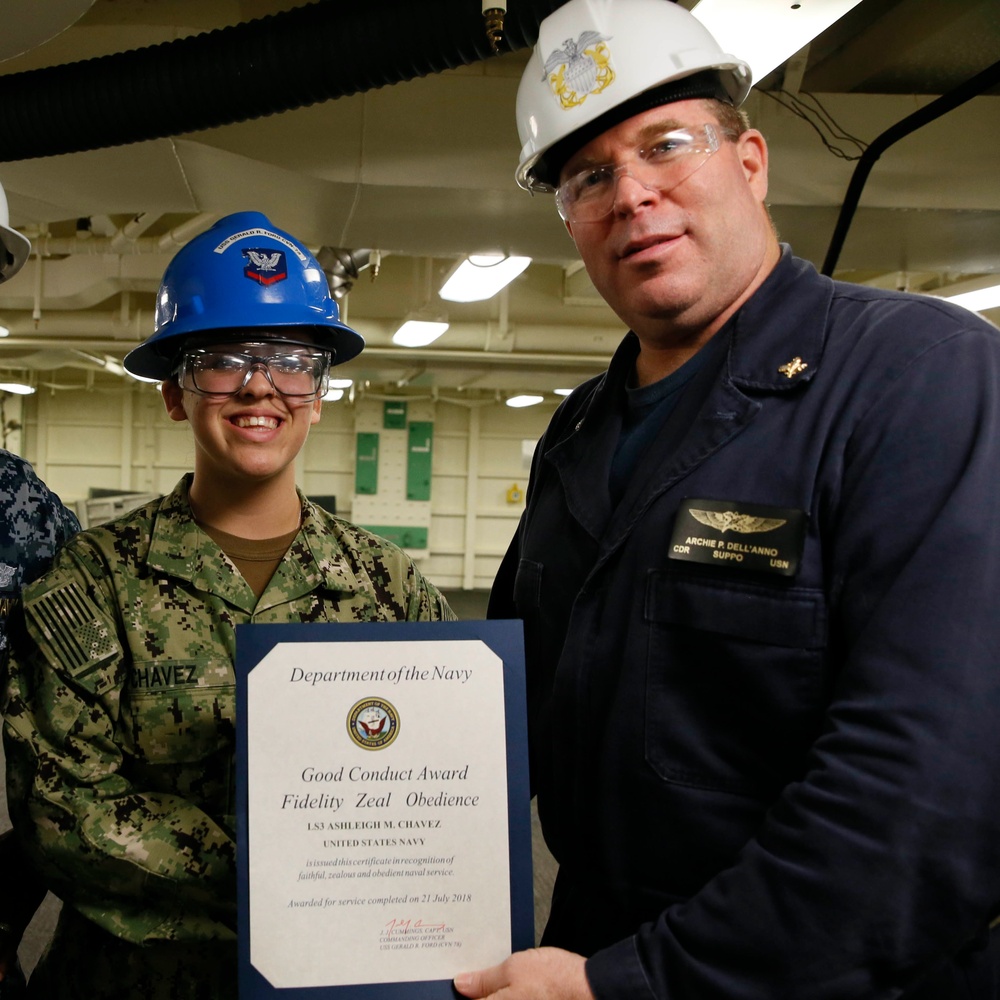 USS Gerald R. Ford (CVN 78) supply department's awards at quarters.