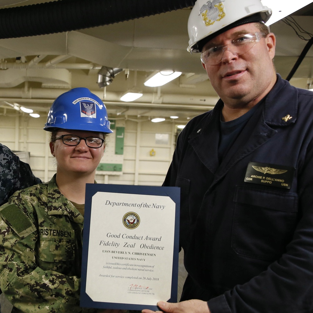 USS Gerald R. Ford (CVN 78) supply department's awards at quarters.
